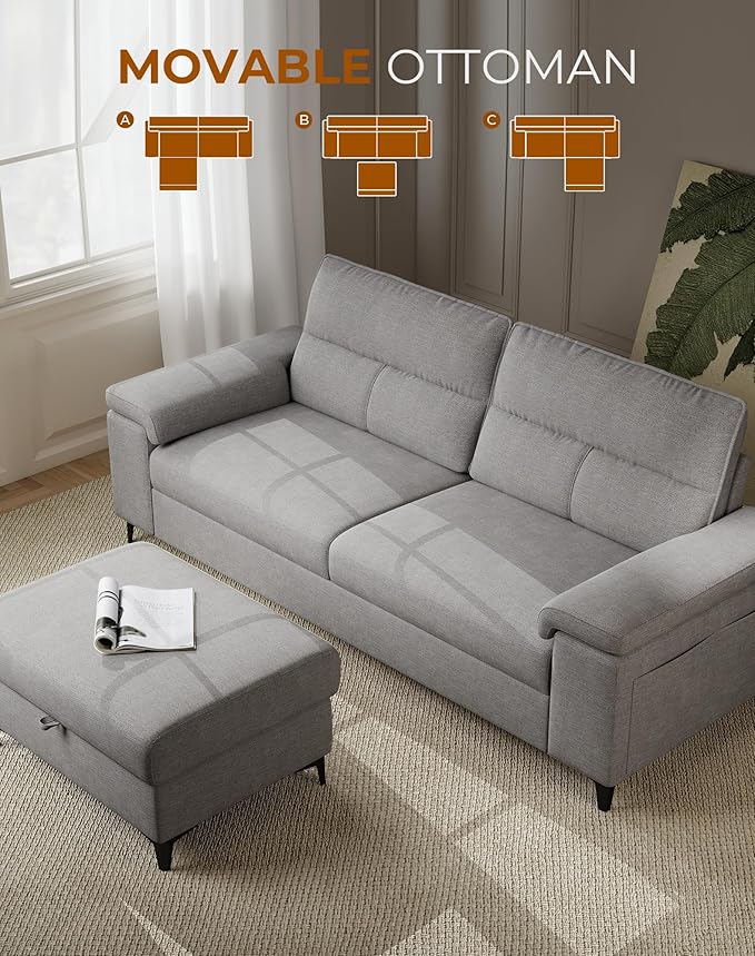 88.97" L Shaped Sectional Couches for Living Room, Deep Seat Sofa with Storage Ottoman & 8”Cushion, Comfy 2-Seater Chenille Loveseat, Convertible Armrest, Removable Cover for Small Space(Light Gray)