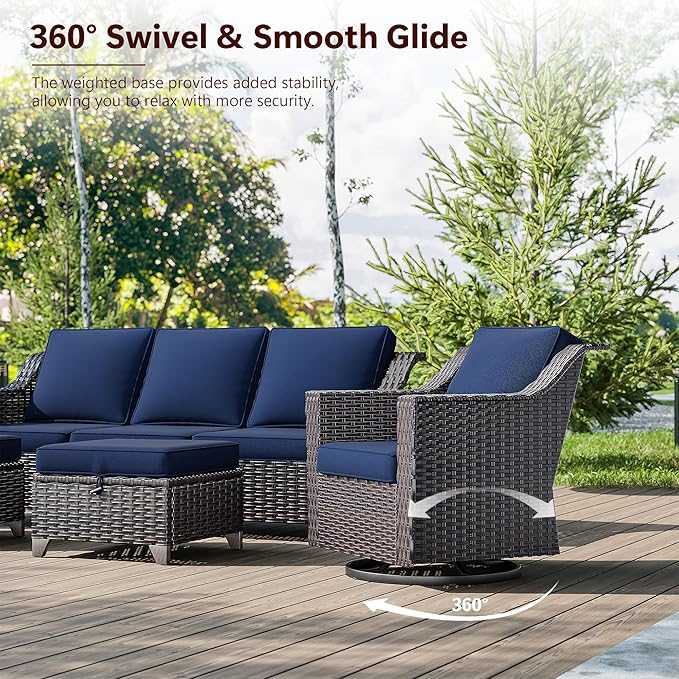 5 Pieces Wicker Patio Furniture, Luxury Outdoor Furniture with 2 Patio Swivel Chair, 2 Patio Ottoman and 1 Side Table, Wide Armrest, Thickened Cushions, Ideal for Deck, Porch Use