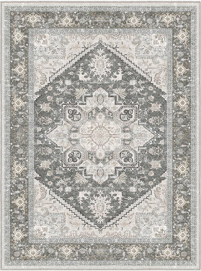 OPPODREAM Thin Area Rugs 9x12 Living Room, Washable Rugs 9x12 with Non Slip Backing, Faux Cashmere Low-Pile 9 x 12 Carpet, Greenish Grey