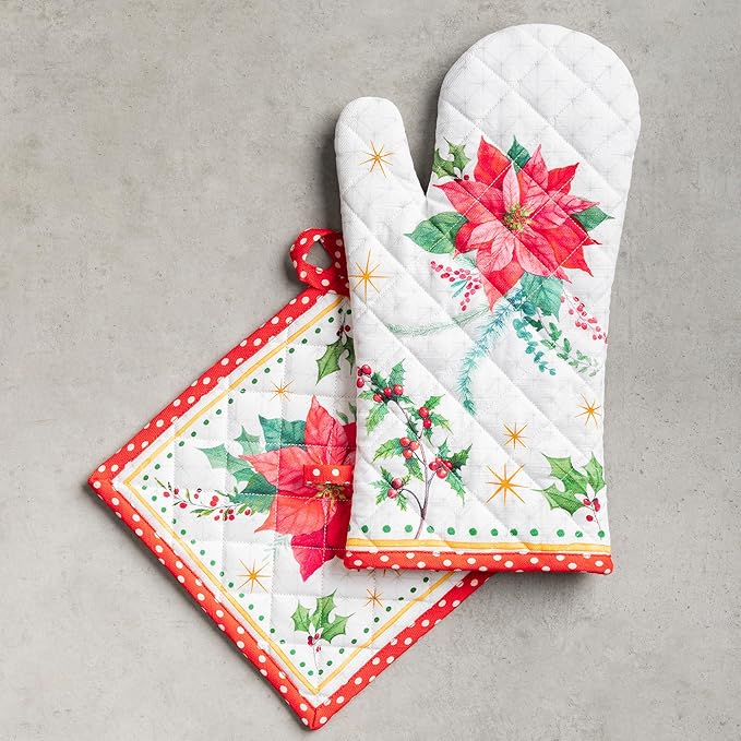 Maison d' Hermine 100% Cotton Oven Mitt & Pot Holder Set (7.5"x13" & 8"x8") Heat Resistant BBQ Cooking Gloves with Loop for Thanksgiving Christmas Decorations Handling Hot Pans (Poinsettia Christmas)