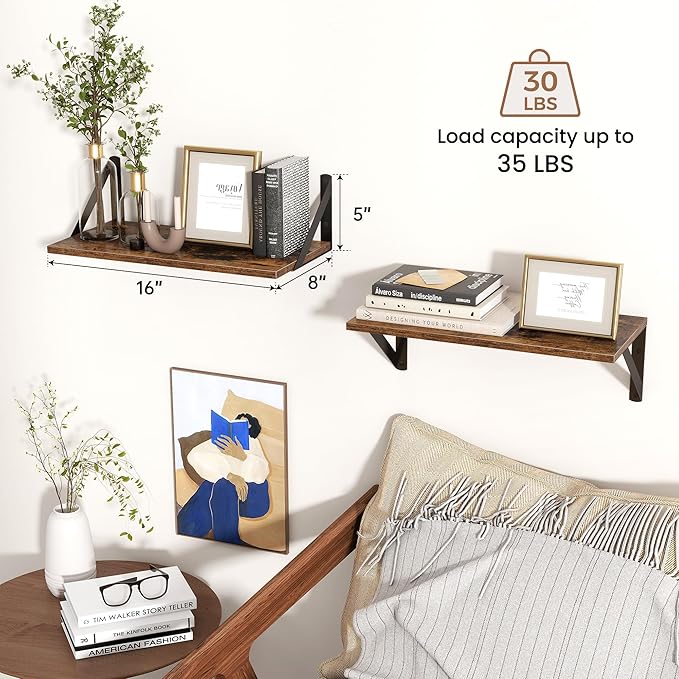 Axeman Floating Shelves for Wall, 16W x 8D Wood Floating Shelves Set of 2, 8'' Deep Rustic Wall Shelves for Bookshelf Living Room Bedroom Home Office Bathroom