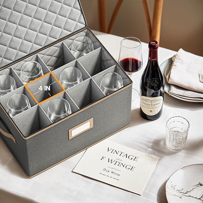 Wine Glass Storage Box with Dividers, Quilted Hard Shell Organizer for Stemware and Glassware Sets, Ideal for Storage and Moving Supplies, 1-Pack, Grey
