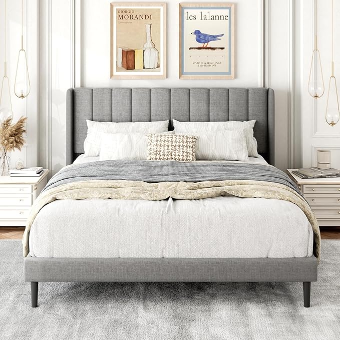 Queen Size Bed Frame with Upholstered Wingback Headboard, Easy Assemnly Platform Bed, Wooden Slat Support No Box Spring Needed, Light Gray