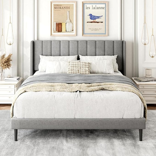 Queen Size Bed Frame with Upholstered Wingback Headboard, Easy Assemnly Platform Bed, Wooden Slat Support No Box Spring Needed, Light Gray