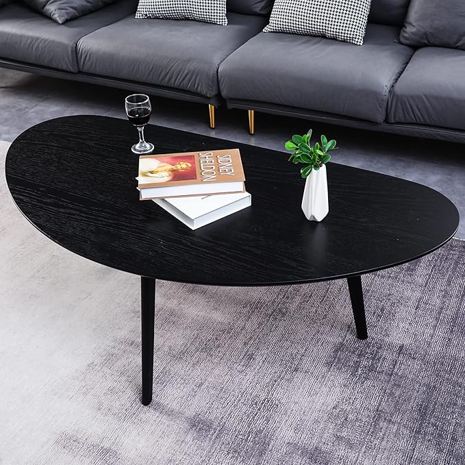 FIRMINANA Mid Century Modern Coffee Table, Oval Black Coffee Table for Living Room & Small Spaces, 47.3" W x 23.63" D x 17.72" H