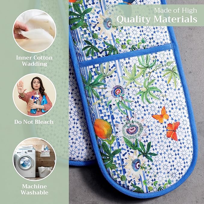 Maison d' Hermine Double Oven Mitts 100% Cotton 7"x35" Double Oven Mitt Heat Resistant BBQ Cooking Gloves with Loop, Baking, Grilling, Home, Kitchen, Handling Hot Pans Spring Summer (Passiflora)