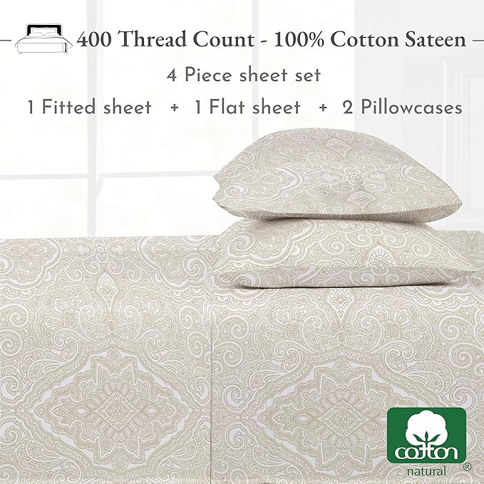 California Design Den California King Sheet Sets - 400 Thread Count Sateen, Natural 100% Cotton Sheets Set, Deep Pocket Cooling and Durable Bedding - Paisley Pattern, Beige