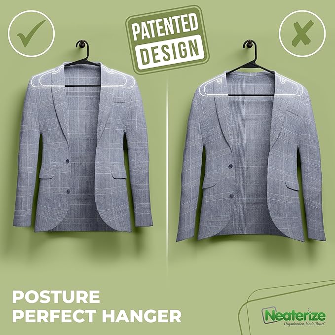 NEATERIZE Clothes Hangers Plastic 100 Pack For Adults - Plastic Hangers, The Perfect Coat Hanger and Space Saving Clothes Hangers for Closet, Percheros Ganchos para Colgar Ropa Hangars - Black Hangers