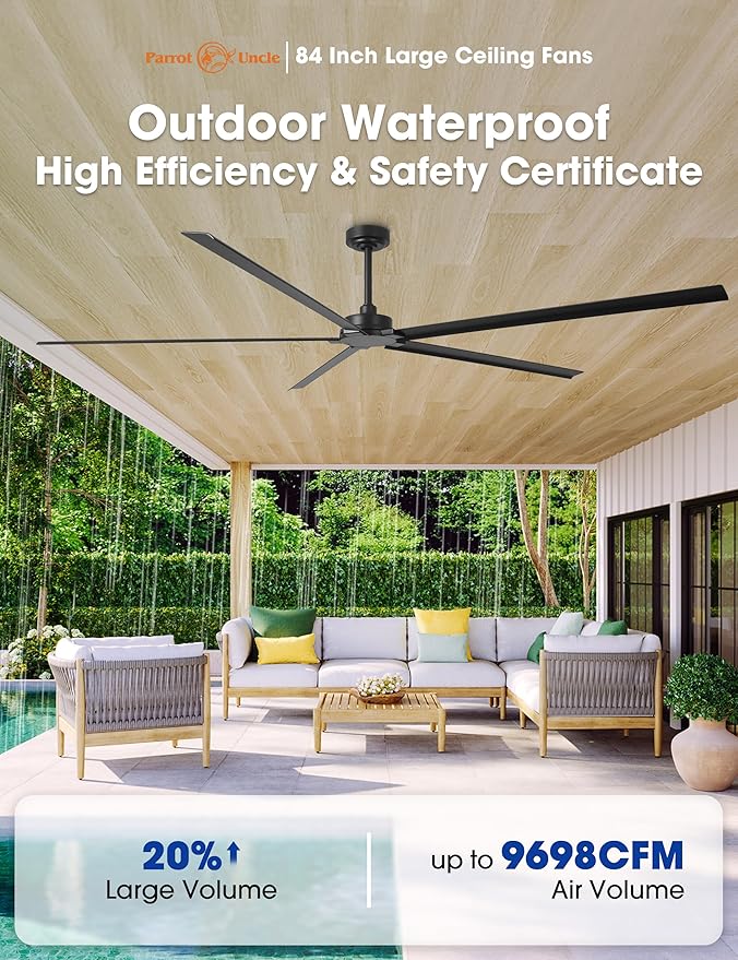 Ceiling Fans Outdoor Waterproof, 84 Inch Black Industrial Ceiling Fans without Lights, Large Ceiling Fan No Light with 5 Aluminum Blade, Reverse DC Motor, Outdoor Fans for Patio Shop Garage LivingRoom