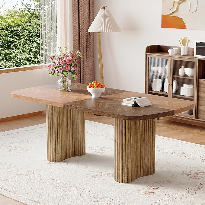 79" Large Wood Dining Table for 6–10, Rectangular Dining Room Table with Sculpted Wave Legs, 1.7" Thick Two-Color Wood-Grain Top, Modern Farmhouse Dining Table for Kitchen, Living Room
