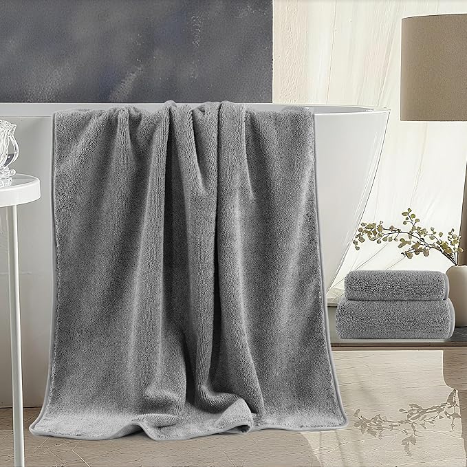 Ring Spun Terry Microfiber Bath Towel Set, 3 Piece, Oversize, Quick Dry, Lint Free, Includes Bath, face, and Hand Towels (Gray)