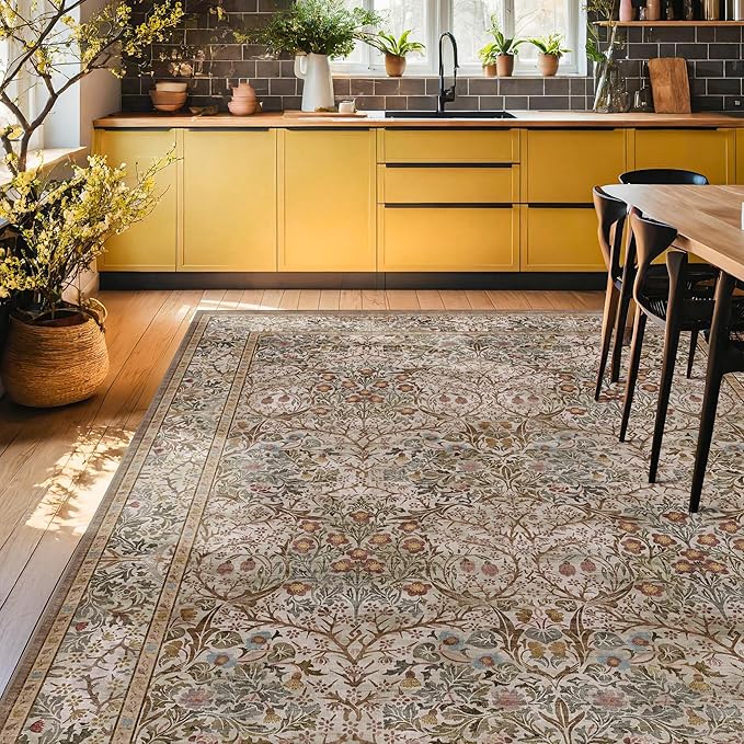 Washable Dining Room Rugs for Under Table - 7x9 Moss Green Oriental Area Rug for Living Room, Low Pile Non-Slip Floor Carpet for Bedroom Under Bed - Vintage Brown Neutral Design & Stain Resistance