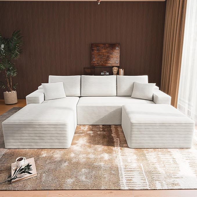 3-Piece Boneless Modular Sectional Sofa, Cloud Couch, Left Facing Chaise with Ottoman, Oversized Deep Seat, Soft Corduroy Fabric, Sectional Couch for Living Room-White