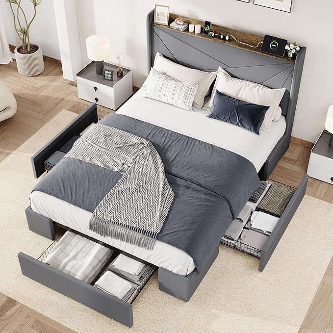 Allewie Full Size Velvet Bed Frame with 3 Storage Drawers, Upholstered Platform Bed with Wingback Storage Headboard and USB Ports, No Box Spring Needed, Easy Assembly, Grey