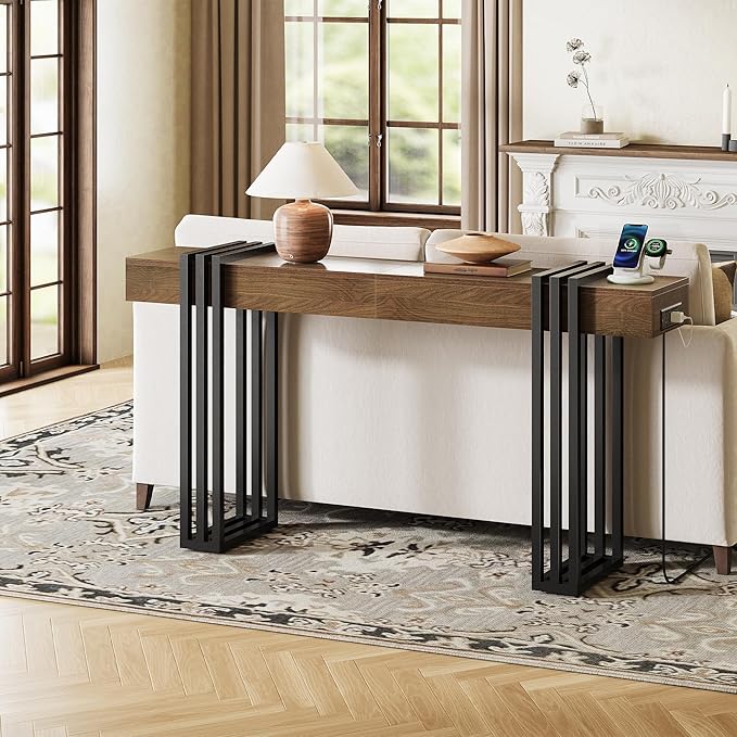 63" Long Console Table for Entryway - Behind Couch Table for Living Room, Wood Sofa Tables with Black Parallel Metal Frame & Power Outlet for Hallway, Entrance, Narrow Foyer, Walnut