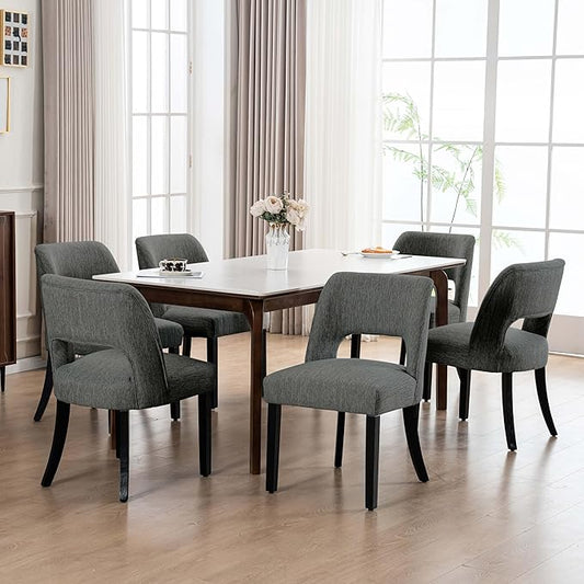 VKNOW Wooden Dining Chairs Set of 6, Modern Fabric Upholstered Dining Room Chair Kitchen Chairs, Farmhouse Dinner Chair for Kitchen Dining Room, Dark Grey-Black Legs