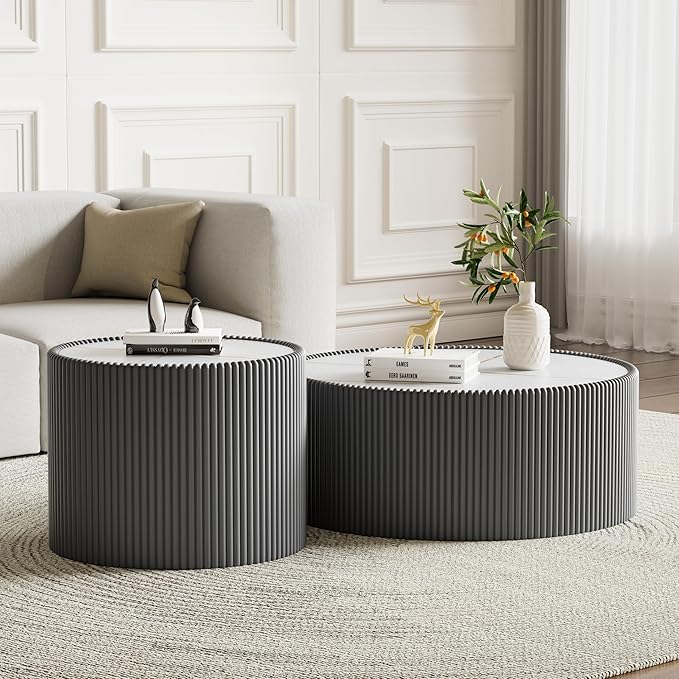 Round Coffee Table Set with Sintered Stone Tabletop, 29.52" Grey Drum Center Table and 17.71" Grey Coffee Table Set, 2 Pieces Living Room Table Set with Fluted PU Leather Cover& Stable Base
