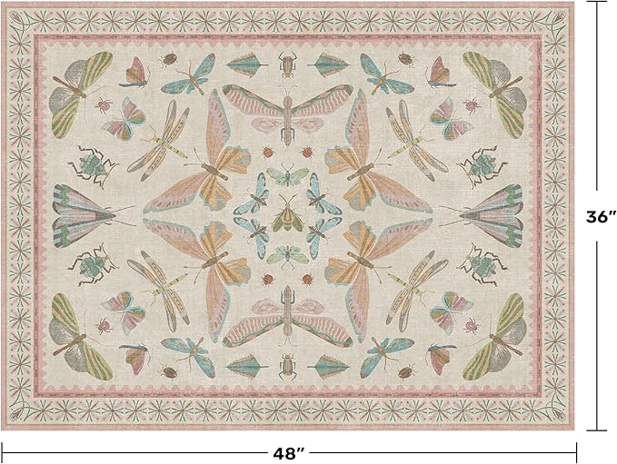 Flower Area Rug for Girls Bedroom - Washable 3x4 Light Pink Large Entryway Rug for Laundry Room, Kitchen, Bedroom, Dorm, Insect Print Vintage Floral Non-Slip Throw Rug Low Pile Stain Resistance