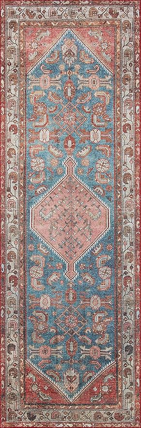 Loloi Layla Collection LAY-10 Marine/Clay 2'-6" x 7'-6" .13" Thick Runner Rug, Soft, Durable, Vintage Inspired, Distressed, Low Pile, Non-Shedding, Easy Clean, Printed, Living Room Rug