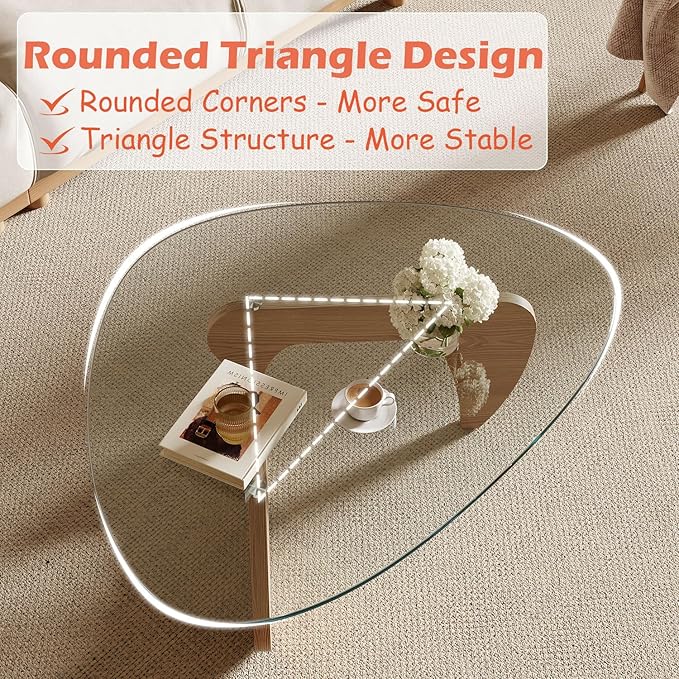Modern Coffee Table for Living Room and Small Spaces, 43.3" x 29.5" x 15.8" Triangle Tempered Glass Table Top and Eco-Friendly MDF Base, Natural Wood