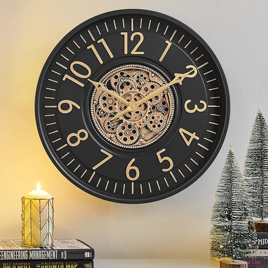 CLXEAST 21 Inch Moving Gear Wall Clock, Large Regular Arabic Numeral Wall Clocks for Living Room Decor,Modern Black& Gold Finish,House Warming Gifts New Home