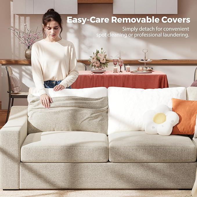 ABCASA 85" W Loveseat Couches for Living Room,Modern Linen Sofa with Removable Cover, Wide Armrest, Solid Wood Frame, Medium Firm Seat Cushion for Bedroom Office Apartment, Easy to Install, Oatmeal