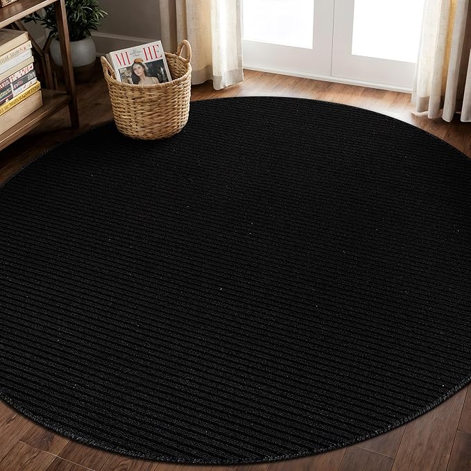 Non Slip Black Solid Rubber Back Thing Rug for Living Room 6 Round Area Rugs for Kitchen, Rugs for Bedroom, Stain Resistant Easy Cleaning Non Shedding Carpet Black 6 Round