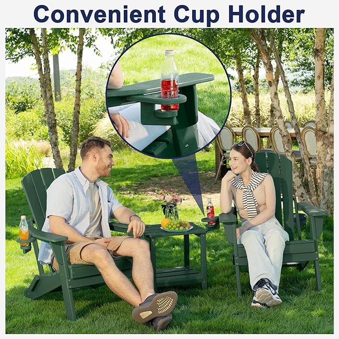 Plawdlik Folding Adirondack Chair, SGS Tested, Wooden Textured with Cup Holder, Heavy All-Weather HDPE Comfortable Set Poolside Backyard Lawn Green