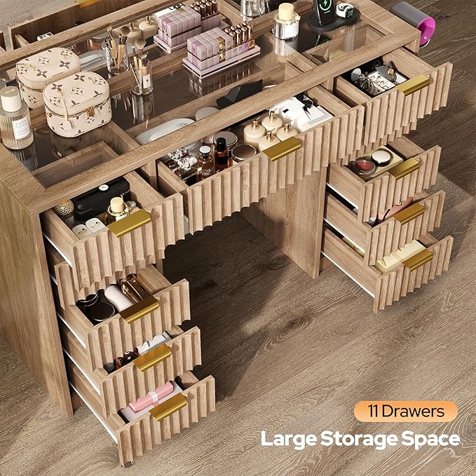 11 Drawers Fluted Vanity Desk with Glass Top, 47" Makeup Vanity with Large Mirror and 12 LED Lights, Dressing Table with Power Outlet for Bedroom, Natural