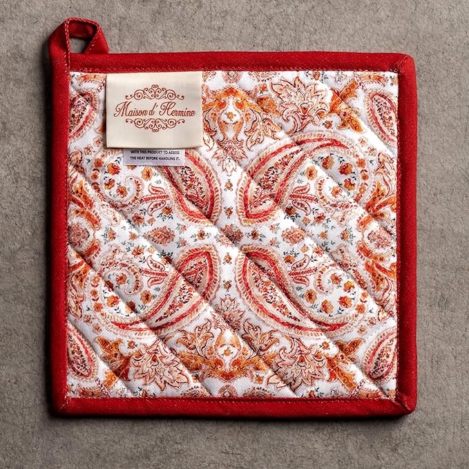 Maison d' Hermine Pot Holders Set 100% Cotton Heat Resistant Potholders 8" x 8" Hot Pads with Loop for Thanksgiving Christmas Decorations BBQ Cooking Baking Handling Hot Pans (Pack of 2, Orient)
