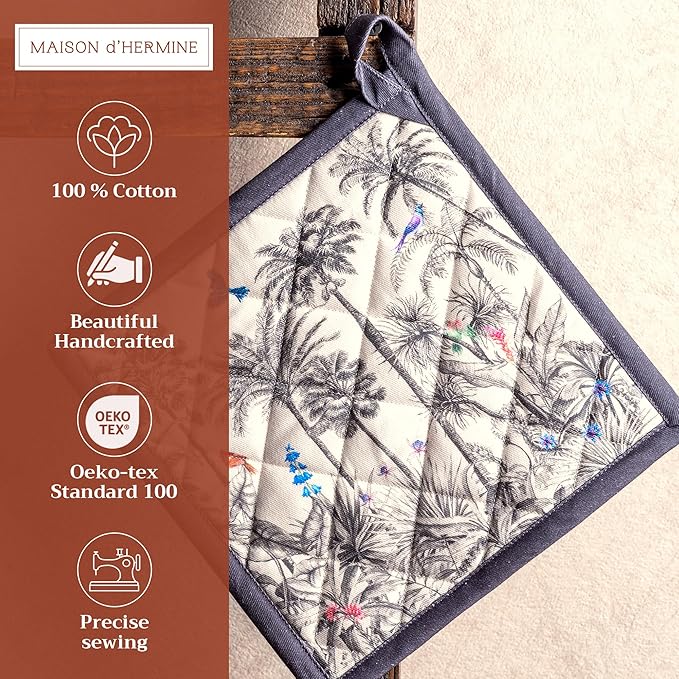 Maison d' Hermine Pot Holders 100% Cotton Heat Resistant Potholders 8" x 8" Hot Pads with Loop for Thanksgiving Christmas Decorations BBQ Cooking Baking Handling Hot Pans (Pack of 1, Amazonia)
