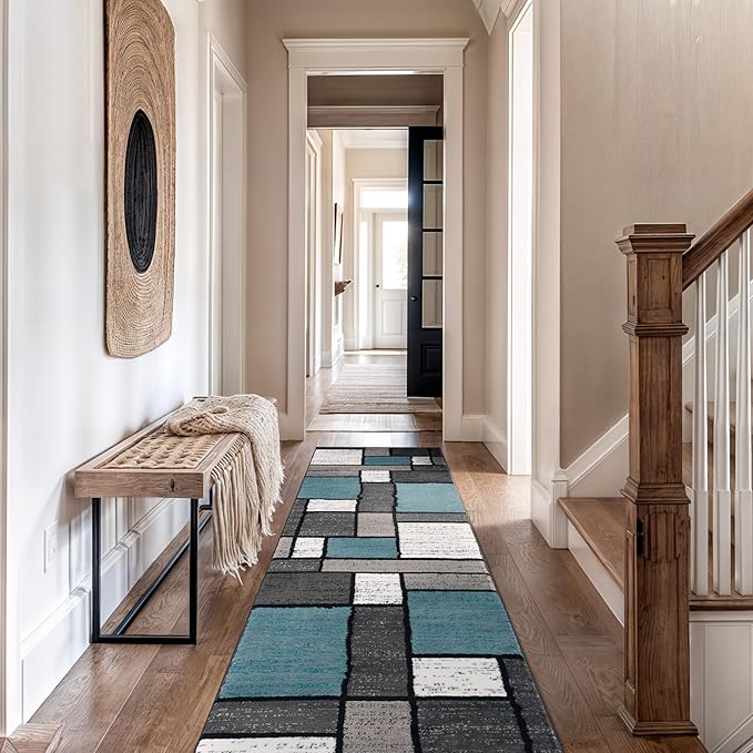 Rugshop Modern Geometric Boxes Blue Area Rug, Carpet with Jute Backing for Entryway, Kitchen, or Narrow Hall, 2' x 10'