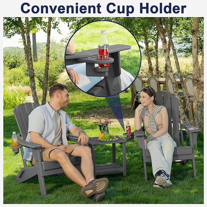 Plawdlik Folding Adirondack Chair, SGS Tested, Wooden Textured with Cup Holder, Heavy All-Weather HDPE Comfortable Set Poolside Backyard Lawn Grey