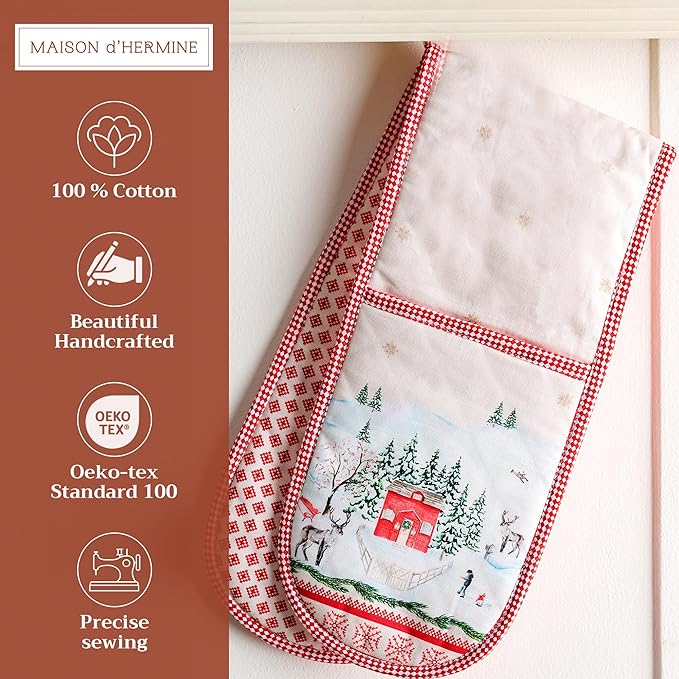 Maison d' Hermine Double Oven Mitt (7" x 35") 100% Cotton Heat Resistant BBQ Cooking Gloves with Loop for Thanksgiving Christmas Decorations Baking Cooking Barbeque Handling Hot Pan (Rural Christmas)