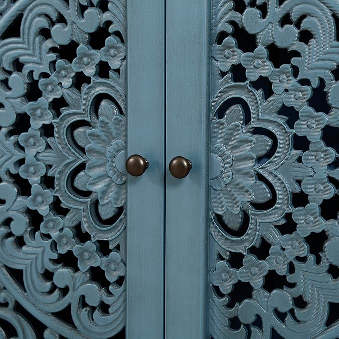 Retro 60'' Large Storage Cabinet Sideboard with 4 Hollow-Carved Doors and Adjustable Shelves, Acacia Wood Vintage Entryway Console Table TV Stand for Living Room Dining Room (Antique Blue-LK)