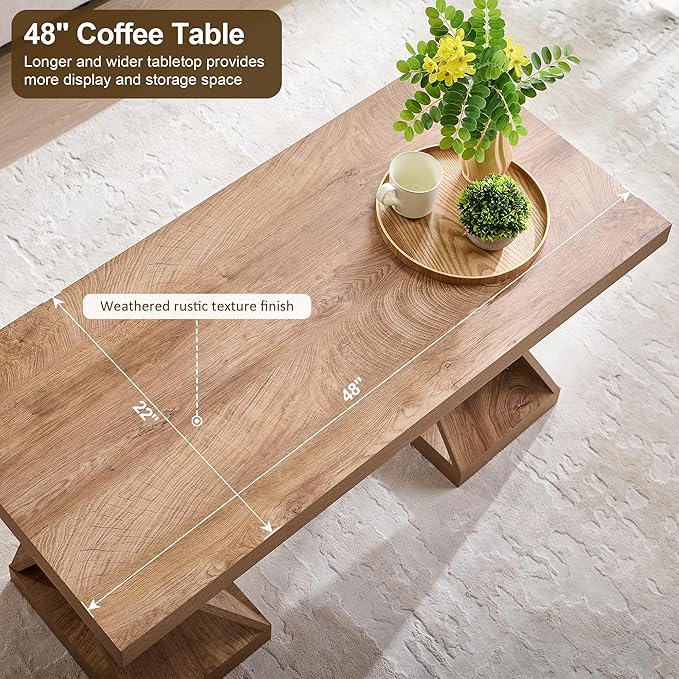 OKD Modern Coffee Table, 48" Twisted Center Table with Wood Thickened Pedestal, Rectangular Rustic Living Room Table, Farmhouse Storage Low Cocktail Tea Table, Light Tree Knot