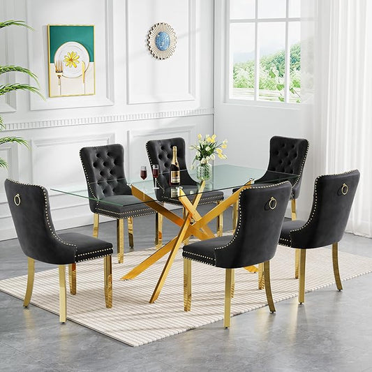 Goujxcy 7 Piece Glass Dining Table Set Modern Glass Dining Table Set for 6, 61" Rectangular Gold Kitchen Table and 6 Velvet Upholstered Chairs, Gold Table & Black Chair