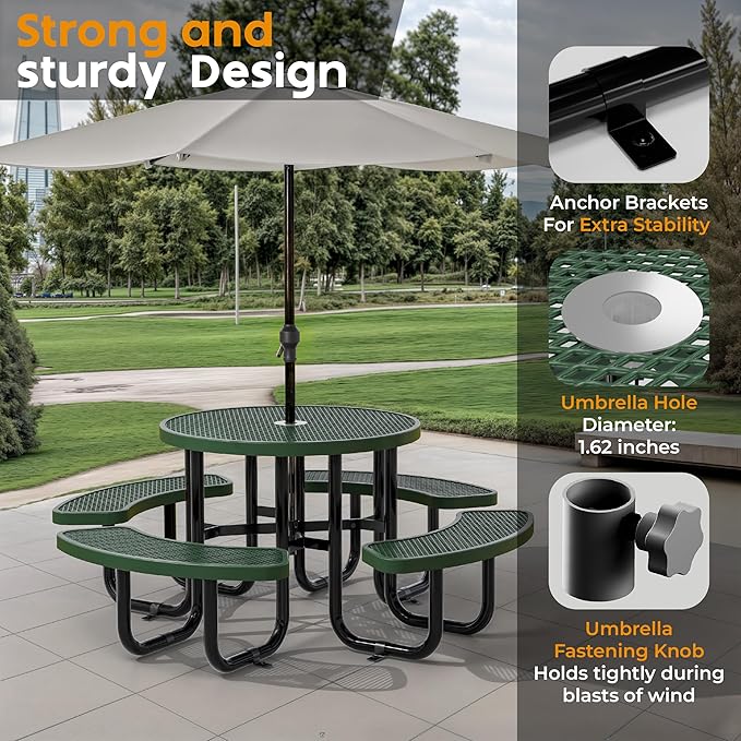 Metal Picnic Tables for Outdoors with Umbrella Hole - Coated Steel Heavy Duty Commercial Grade Furniture Set with Adjustable Seats (Green, 38 in, Round, Expanded Steel)
