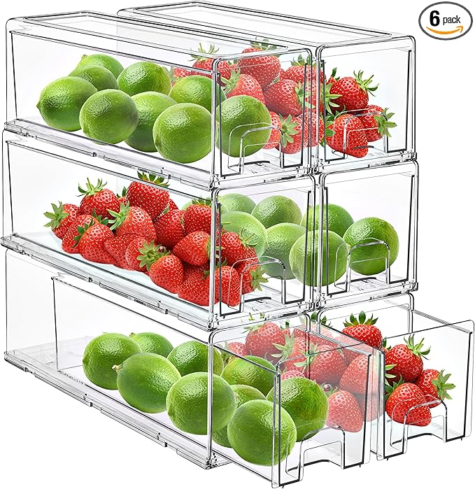 Sorbus Small Clear Storage Drawers (6 Pack) – Stackable Organizer Bins with Pull-Out Drawers for Kitchen, Pantry, or Fridge – Acrylic Storage Bins with Handles