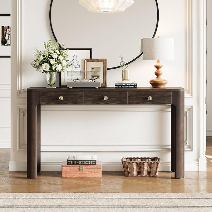 52“ Rustic Console Table with Curved Corners for Safety, Entryway Table with 3 Concealed Drawers, Sturdy Sofa Table with Thick Legs for Hallway & Living Room(Espresso)
