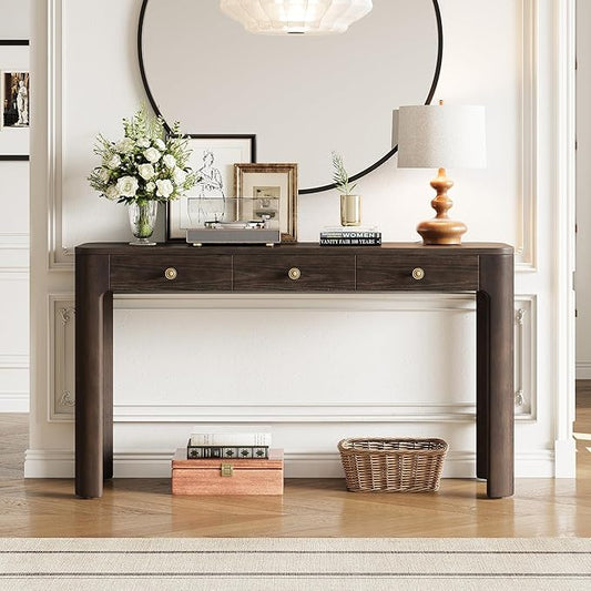 Merax 52" Console Table with 3 Drawers, Rustic Entryway Table with Curved Corners, Narrow Long Sofa Table for Living Room, Hallway, Entrance, Behind Couch, Foyer, Sturdy Thick Legs, Espresso