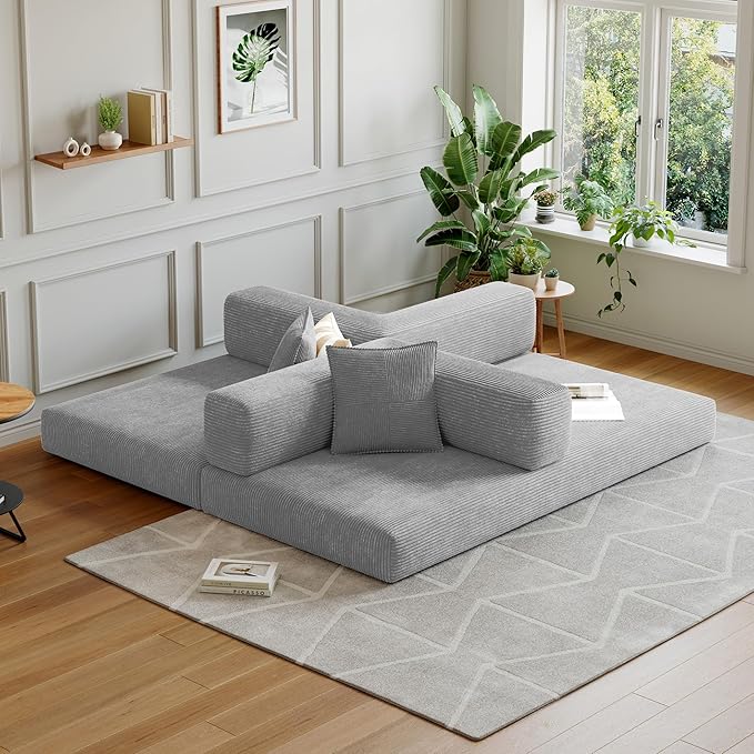 Compressed Sleeper sofa bed,Convertible Floor Boneless Couch-With Comfy Pillow,Modular Modern Corduroy Sofa for living room Bedroom Lounge Studio-With Fixed-shape Frame and support Armrest(Grey)