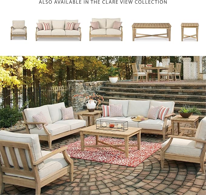 Signature Design by Ashley Clare View Outdoor Patio Sofa, 4 Throw Pillows, Nuvella Weather Resistant Fabric, Eucalyptus Wood, 81" W x 35" D x 32" H, Beige