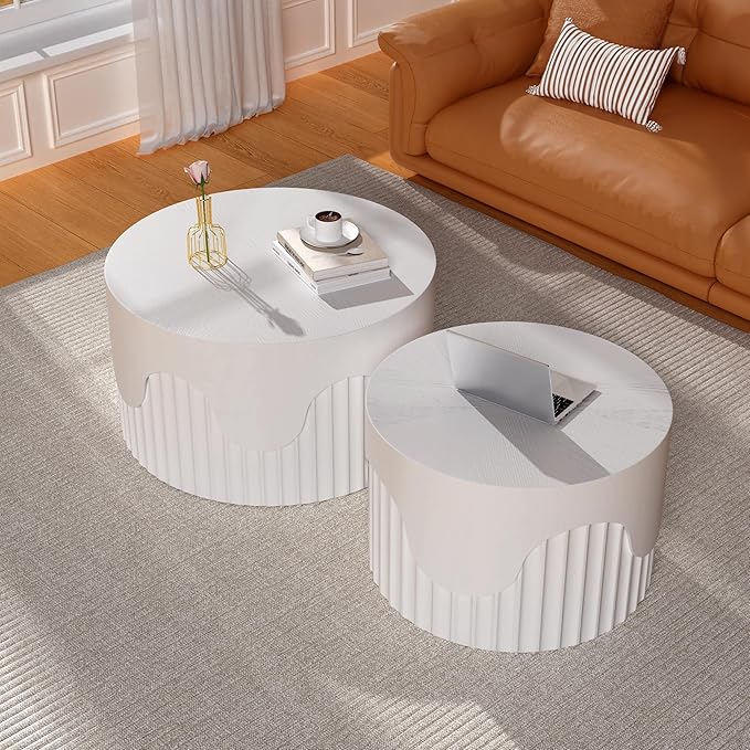 Round Nesting Coffee Table Set of 2, Round Fluted Coffee Tables for Living Room Modern Nesting End Side Tables for Small Spaces (E White)