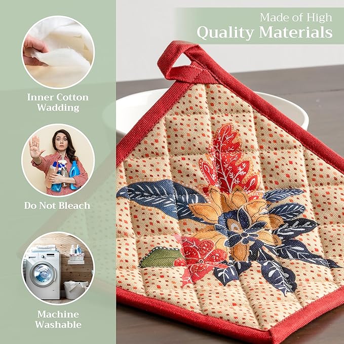 Maison d' Hermine Pot Holders Set 100% Cotton Heat Resistant Potholders 8" x 8" Hot Pads with Loop for Thanksgiving Christmas Decorations BBQ Cooking Baking Handling Hot Pans (Pack of 2, Kalahari)