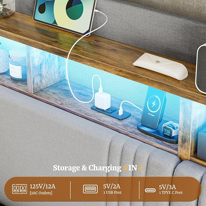 IKIFLY 49.2” Tall California King Bed Frames with 4 Storage Drawers, Upholstered Wingback Hidden Storage Headboard with LED Lights & Charging Station, No Box Spring Needed, Noise Free, Light Grey