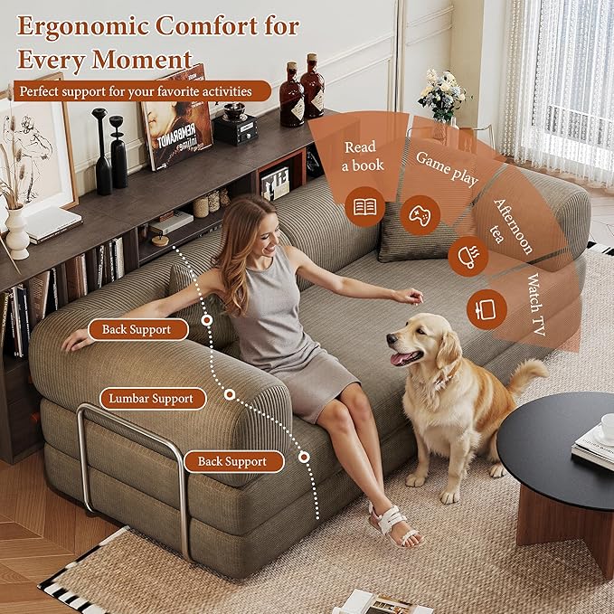 Boneless Couch Sectional Sofa,Convertible Sofa Bed with Sleeper Sofa,Futon Floor Couch Folding Sofas for Living Room,Bedroom,Apartment (Camel, 78.8''W)