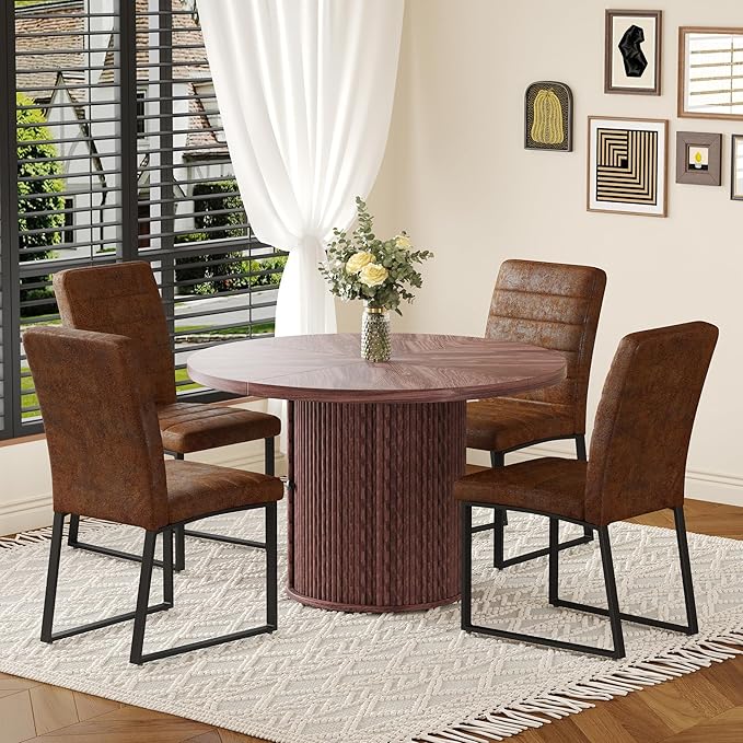 Modern Dining Chairs Set of 4, White Faux Leather Kitchen Chairs, Upholstered Armless Dining Room Chair with Gold Mental Legs Heavy Duty, Comfortable (Brown Chiars, Set of 4)