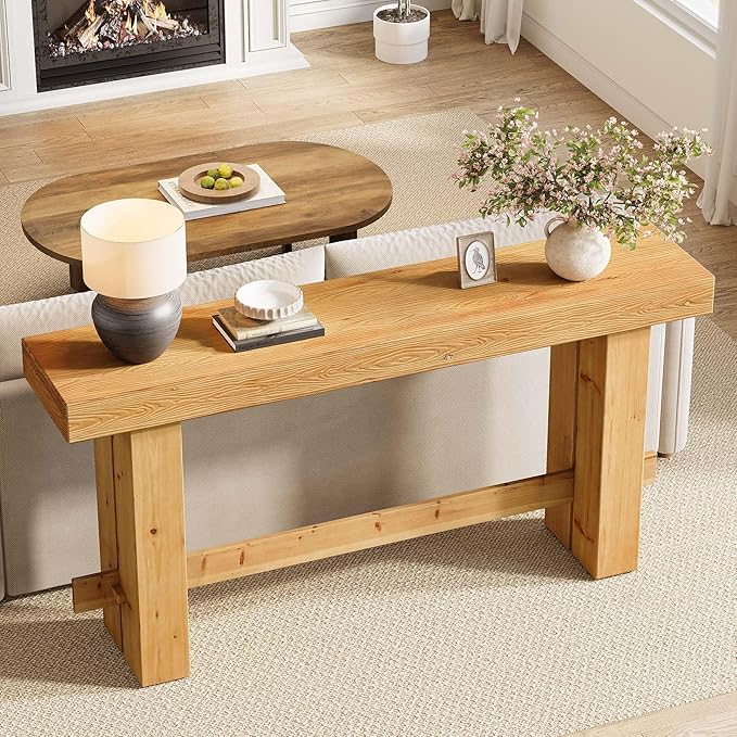 Tribesigns Console Table, 63" Solid Wood Farmhouse Sofa Table with Storage for Living Room, Narrow Entryway & Hallway Accent Table Behind Couch, Natural Wood Finish