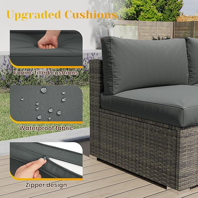 5 Piece Outdoor Patio Sectional Furniture Set, Weather Resistant Rattan Outside Couch, Waterproof Conversation Sofa for Balcony, Porch, Backyard, Deck, Garden, Grey